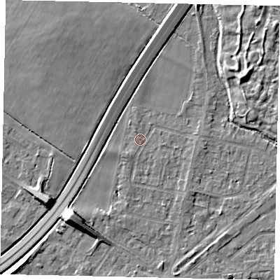 Shaded relief map of the ground around TW178BD, computed from Environment Agency LiDAR. The ground here sits at about 12 m above sea level and falls 9 m across the surrounding 800 m. Surface water reaching this point runs off ground lying to the south, 1.0 m higher.