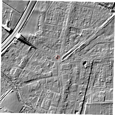 Shaded relief map of the ground around TW178BF, computed from Environment Agency LiDAR. The ground here sits at about 12 m above sea level and falls 10 m across the surrounding 800 m. Surface water reaching this point runs off ground lying to the south-west, 1.6 m higher.