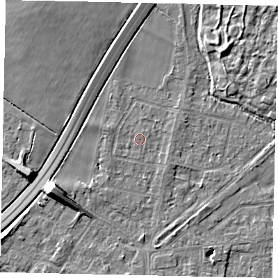 Shaded relief map of the ground around TW178BG, computed from Environment Agency LiDAR. The ground here sits at about 12 m above sea level and falls 9 m across the surrounding 800 m. Surface water reaching this point runs off ground lying to the south-west, 0.6 m higher.