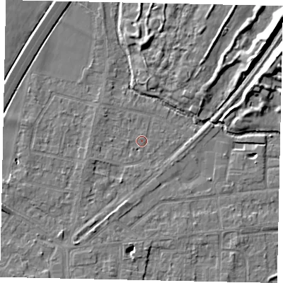 Shaded relief map of the ground around TW178BL, computed from Environment Agency LiDAR. The ground here sits at about 12 m above sea level and falls 10 m across the surrounding 800 m. Surface water reaching this point runs off ground lying to the west-south-west, 1.8 m higher.