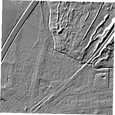 Shaded relief map of the ground around TW178BP, computed from Environment Agency LiDAR. The ground here sits at about 12 m above sea level and falls 9 m across the surrounding 800 m. Surface water reaching this point runs off ground lying to the west, 1.1 m higher.