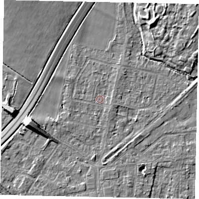 Shaded relief map of the ground around TW178BQ, computed from Environment Agency LiDAR. The ground here sits at about 12 m above sea level and falls 10 m across the surrounding 800 m. Surface water reaching this point runs off ground lying to the east-south-east, 1.1 m higher.