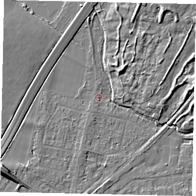 Shaded relief map of the ground around TW178BS, computed from Environment Agency LiDAR. The ground here sits at about 12 m above sea level and falls 9 m across the surrounding 800 m. Surface water reaching this point runs off ground lying to the south-south-west, 1.2 m higher.