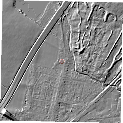 Shaded relief map of the ground around TW178BT, computed from Environment Agency LiDAR. The ground here sits at about 12 m above sea level and falls 9 m across the surrounding 800 m. Surface water reaching this point runs off ground lying to the west, 0.6 m higher.