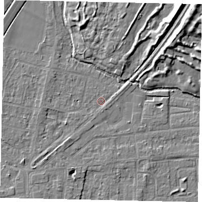 Shaded relief map of the ground around TW178BW, computed from Environment Agency LiDAR. The ground here sits at about 11 m above sea level and falls 10 m across the surrounding 800 m. Surface water reaching this point runs off ground lying to the west, 1.8 m higher.