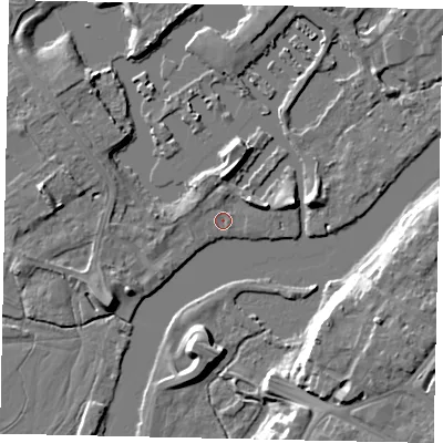 Shaded relief map of the ground around TW178BY, computed from Environment Agency LiDAR. The ground here sits at about 9 m above sea level and falls 10 m across the surrounding 800 m. Surface water reaching this point runs off ground lying to the north-west, 1.2 m higher.