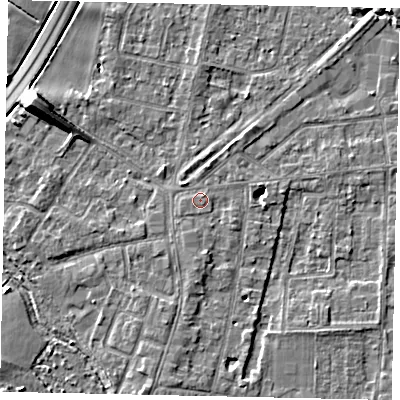 Shaded relief map of the ground around TW178DA, computed from Environment Agency LiDAR. The ground here sits at about 12 m above sea level and falls 10 m across the surrounding 800 m. Surface water reaching this point runs off ground lying to the south, 1.1 m higher.