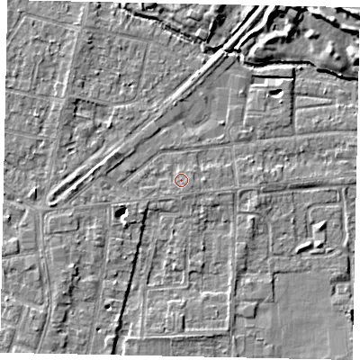 Shaded relief map of the ground around TW178DS, computed from Environment Agency LiDAR. The ground here sits at about 12 m above sea level and falls 8 m across the surrounding 800 m. Surface water reaching this point runs off ground lying to the east-south-east, 0.8 m higher.