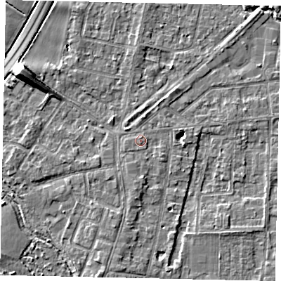 Shaded relief map of the ground around TW178DW, computed from Environment Agency LiDAR. The ground here sits at about 12 m above sea level and falls 10 m across the surrounding 800 m. Surface water reaching this point runs off ground lying to the south, 1.1 m higher.