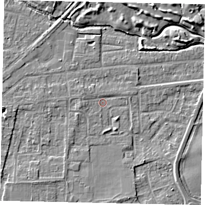 Shaded relief map of the ground around TW178DX, computed from Environment Agency LiDAR. The ground here sits at about 11 m above sea level and falls 7 m across the surrounding 800 m. Surface water reaching this point runs off ground lying to the west-south-west, 1.8 m higher.