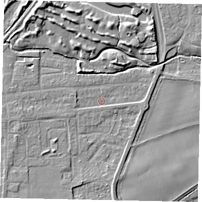 Shaded relief map of the ground around TW178DY, computed from Environment Agency LiDAR. The ground here sits at about 11 m above sea level and falls 10 m across the surrounding 800 m. Surface water reaching this point runs off ground lying to the west-north-west, 1.7 m higher.