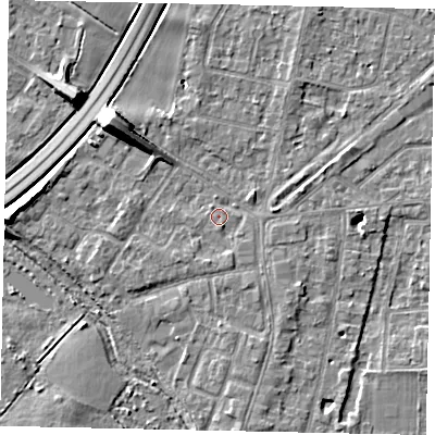 Shaded relief map of the ground around TW178EF, computed from Environment Agency LiDAR. The ground here sits at about 12 m above sea level and falls 10 m across the surrounding 800 m. Surface water reaching this point runs off ground lying to the south-south-west, 1.6 m higher.