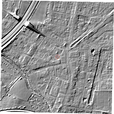 Shaded relief map of the ground around TW178EG, computed from Environment Agency LiDAR. The ground here sits at about 12 m above sea level and falls 10 m across the surrounding 800 m. Surface water reaching this point runs off ground lying to the south-south-west, 1.1 m higher.