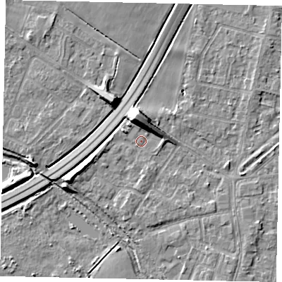 Shaded relief map of the ground around TW178EH, computed from Environment Agency LiDAR. The ground here sits at about 12 m above sea level and falls 10 m across the surrounding 800 m. Surface water reaching this point runs off ground lying to the south, 1.3 m higher.