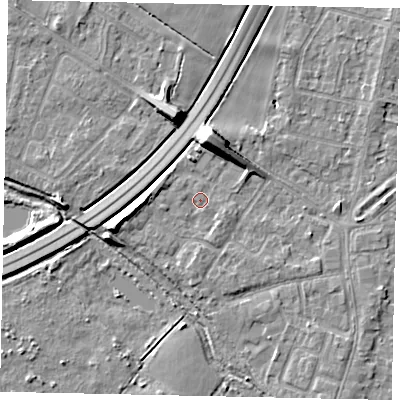 Shaded relief map of the ground around TW178EJ, computed from Environment Agency LiDAR. The ground here sits at about 12 m above sea level and falls 10 m across the surrounding 800 m. Surface water reaching this point runs off ground lying to the south-south-east, 1.3 m higher.