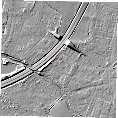 Shaded relief map of the ground around TW178EL, computed from Environment Agency LiDAR. The ground here sits at about 13 m above sea level and falls 10 m across the surrounding 800 m. Surface water reaching this point runs off ground lying to the west-south-west, 2.0 m higher.