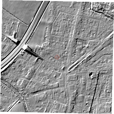 Shaded relief map of the ground around TW178EP, computed from Environment Agency LiDAR. The ground here sits at about 12 m above sea level and falls 10 m across the surrounding 800 m. Surface water reaching this point runs off ground lying to the west-north-west, 7.7 m higher.