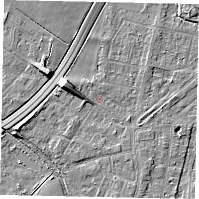 Shaded relief map of the ground around TW178EQ, computed from Environment Agency LiDAR. The ground here sits at about 12 m above sea level and falls 10 m across the surrounding 800 m. Surface water reaching this point runs off ground lying to the west-north-west, 7.7 m higher.