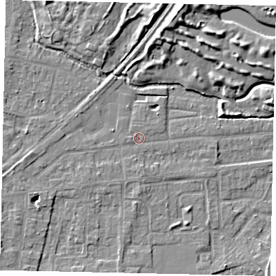 Shaded relief map of the ground around TW178ES, computed from Environment Agency LiDAR. The ground here sits at about 11 m above sea level and falls 10 m across the surrounding 800 m. Surface water reaching this point runs off ground lying to the west, 1.8 m higher.