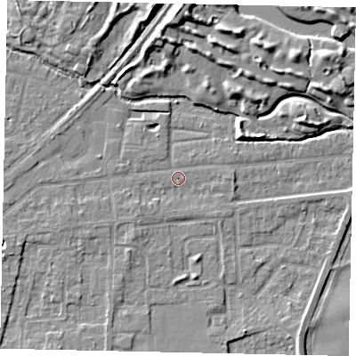 Shaded relief map of the ground around TW178ET, computed from Environment Agency LiDAR. The ground here sits at about 11 m above sea level and falls 10 m across the surrounding 800 m. Surface water reaching this point runs off ground lying to the west-south-west, 1.6 m higher.