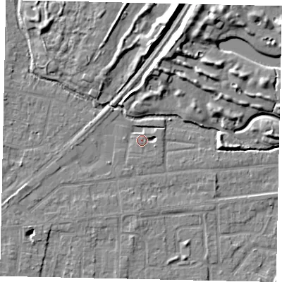 Shaded relief map of the ground around TW178EW, computed from Environment Agency LiDAR. The ground here sits at about 12 m above sea level and falls 10 m across the surrounding 800 m. Surface water reaching this point runs off ground lying to the east-south-east, 3.4 m higher.