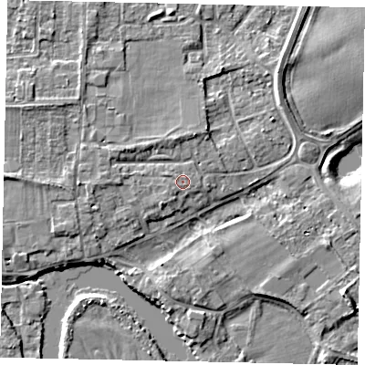 Shaded relief map of the ground around TW178JF, computed from Environment Agency LiDAR. The ground here sits at about 12 m above sea level and falls 5 m across the surrounding 800 m. The ground contributing surface water to this point lies to the west-south-west.