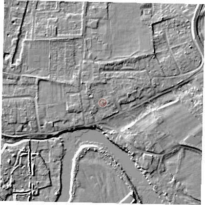 Shaded relief map of the ground around TW178JL, computed from Environment Agency LiDAR. The ground here sits at about 12 m above sea level and falls 5 m across the surrounding 800 m. Surface water reaching this point runs off ground lying to the west-north-west, 1.2 m higher.