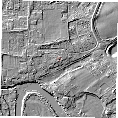 Shaded relief map of the ground around TW178JP, computed from Environment Agency LiDAR. The ground here sits at about 12 m above sea level and falls 5 m across the surrounding 800 m. Surface water reaching this point runs off ground lying to the south-south-west, 0.8 m higher.