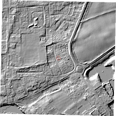 Shaded relief map of the ground around TW178JU, computed from Environment Agency LiDAR. The ground here sits at about 10 m above sea level and falls 6 m across the surrounding 800 m. Surface water reaching this point runs off ground lying to the west-south-west, 2.1 m higher.