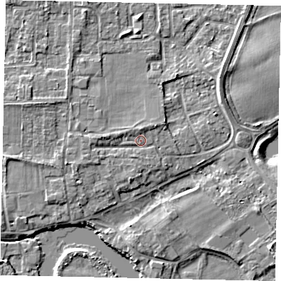 Shaded relief map of the ground around TW178JX, computed from Environment Agency LiDAR. The ground here sits at about 12 m above sea level and falls 5 m across the surrounding 800 m. Surface water reaching this point runs off ground lying to the north, 1.9 m higher.