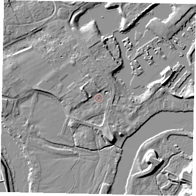 Shaded relief map of the ground around TW178LG, computed from Environment Agency LiDAR. The ground here sits at about 11 m above sea level and falls 8 m across the surrounding 800 m. Surface water reaching this point runs off ground lying to the west-north-west, 3.7 m higher.