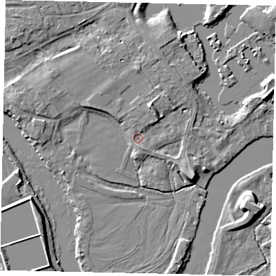 Shaded relief map of the ground around TW178LP, computed from Environment Agency LiDAR. The ground here sits at about 10 m above sea level and falls 7 m across the surrounding 800 m. Surface water reaching this point runs off ground lying to the north-north-east, 3.7 m higher.
