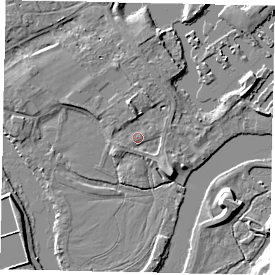 Shaded relief map of the ground around TW178LS, computed from Environment Agency LiDAR. The ground here sits at about 11 m above sea level and falls 8 m across the surrounding 800 m. Surface water reaching this point runs off ground lying to the north, 3.7 m higher.