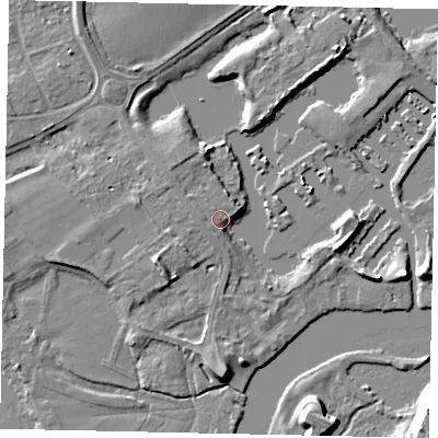 Shaded relief map of the ground around TW178LX, computed from Environment Agency LiDAR. The ground here sits at about 11 m above sea level and falls 10 m across the surrounding 800 m. Surface water reaching this point runs off ground lying to the west-north-west, 3.4 m higher.