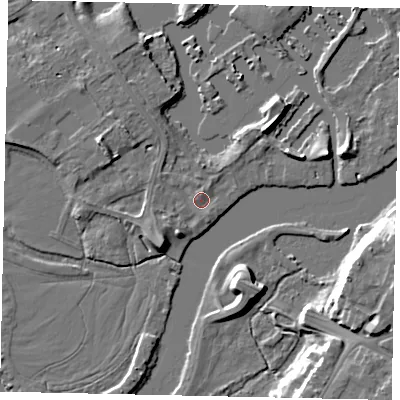 Shaded relief map of the ground around TW178LY, computed from Environment Agency LiDAR. The ground here sits at about 10 m above sea level and falls 10 m across the surrounding 800 m. Surface water reaching this point runs off ground lying to the south-west, 3.6 m higher.