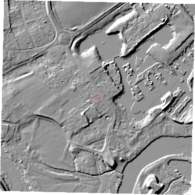 Shaded relief map of the ground around TW178ND, computed from Environment Agency LiDAR. The ground here sits at about 12 m above sea level and falls 7 m across the surrounding 800 m. Surface water reaching this point runs off ground lying to the north-north-west, 0.7 m higher.