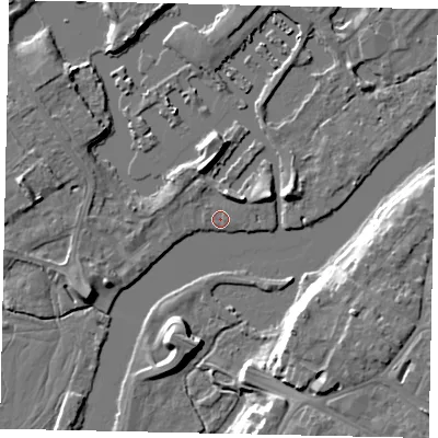 Shaded relief map of the ground around TW178NF, computed from Environment Agency LiDAR. The ground here sits at about 9 m above sea level and falls 10 m across the surrounding 800 m. Surface water reaching this point runs off ground lying to the north-east, 3.0 m higher.