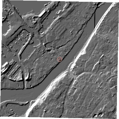 Shaded relief map of the ground around TW178NG, computed from Environment Agency LiDAR. The ground here sits at about 9 m above sea level and falls 13 m across the surrounding 800 m. Surface water reaching this point runs off ground lying to the south-east, 11.5 m higher.