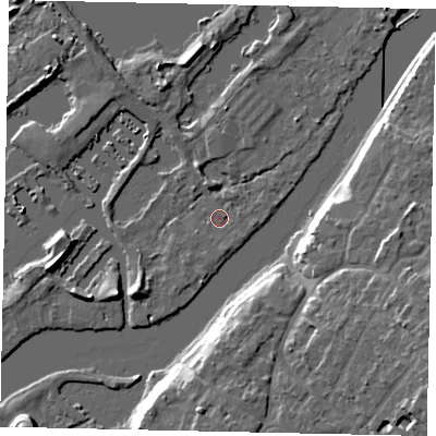 Shaded relief map of the ground around TW178NJ, computed from Environment Agency LiDAR. The ground here sits at about 9 m above sea level and falls 12 m across the surrounding 800 m. Surface water reaching this point runs off ground lying to the south, 1.2 m higher.