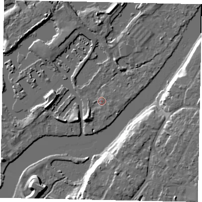 Shaded relief map of the ground around TW178NQ, computed from Environment Agency LiDAR. The ground here sits at about 9 m above sea level and falls 11 m across the surrounding 800 m. Surface water reaching this point runs off ground lying to the south-west, 4.2 m higher.