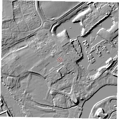 Shaded relief map of the ground around TW178NR, computed from Environment Agency LiDAR. The ground here sits at about 12 m above sea level and falls 7 m across the surrounding 800 m. Surface water reaching this point runs off ground lying to the west-north-west, 1.1 m higher.