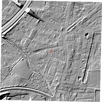Shaded relief map of the ground around TW179AD, computed from Environment Agency LiDAR. The ground here sits at about 12 m above sea level and falls 10 m across the surrounding 800 m. Surface water reaching this point runs off ground lying to the south-east, 1.5 m higher.