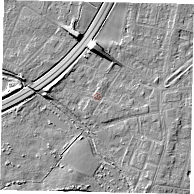 Shaded relief map of the ground around TW179AG, computed from Environment Agency LiDAR. The ground here sits at about 13 m above sea level and falls 10 m across the surrounding 800 m. Surface water reaching this point runs off ground lying to the south-west, 1.1 m higher.