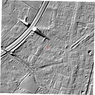 Shaded relief map of the ground around TW179AH, computed from Environment Agency LiDAR. The ground here sits at about 12 m above sea level and falls 10 m across the surrounding 800 m. Surface water reaching this point runs off ground lying to the north-west, 7.7 m higher.