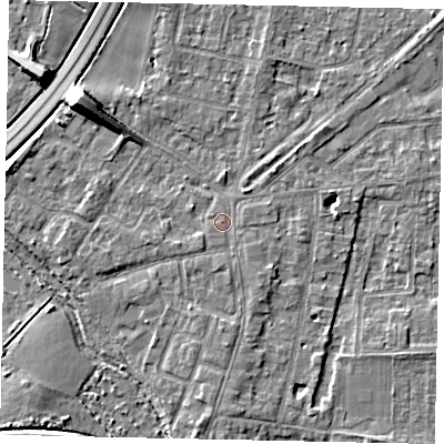 Shaded relief map of the ground around TW179AJ, computed from Environment Agency LiDAR. The ground here sits at about 12 m above sea level and falls 10 m across the surrounding 800 m. Surface water reaching this point runs off ground lying to the south, 0.9 m higher.
