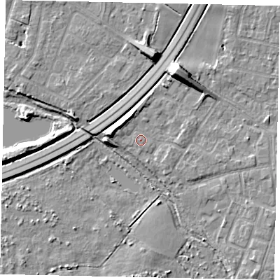 Shaded relief map of the ground around TW179AL, computed from Environment Agency LiDAR. The ground here sits at about 13 m above sea level and falls 10 m across the surrounding 800 m. Surface water reaching this point runs off ground lying to the north-north-west, 3.8 m higher.