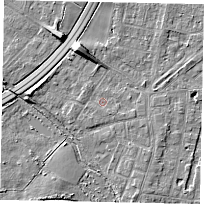 Shaded relief map of the ground around TW179AQ, computed from Environment Agency LiDAR. The ground here sits at about 12 m above sea level and falls 10 m across the surrounding 800 m. Surface water reaching this point runs off ground lying to the south-east, 1.1 m higher.