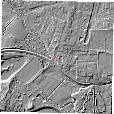 Shaded relief map of the ground around TW179BG, computed from Environment Agency LiDAR. The ground here sits at about 12 m above sea level and falls 6 m across the surrounding 800 m. Surface water reaching this point runs off ground lying to the north-north-east, 2.6 m higher.