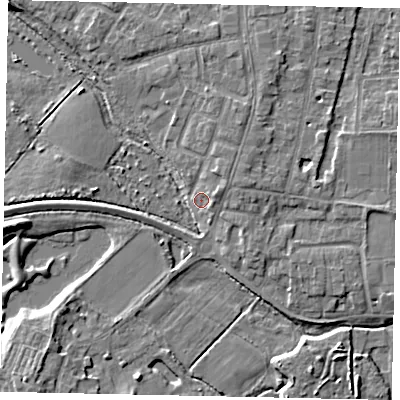 Shaded relief map of the ground around TW179BJ, computed from Environment Agency LiDAR. The ground here sits at about 11 m above sea level and falls 7 m across the surrounding 800 m. Surface water reaching this point runs off ground lying to the north-east, 2.7 m higher.