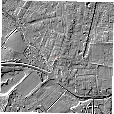 Shaded relief map of the ground around TW179BL, computed from Environment Agency LiDAR. The ground here sits at about 13 m above sea level and falls 5 m across the surrounding 800 m. Surface water reaching this point runs off ground lying to the north, 0.9 m higher.